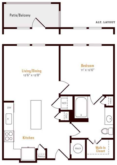 Floor plan for 1 bed, 1 bath, 686 sqft